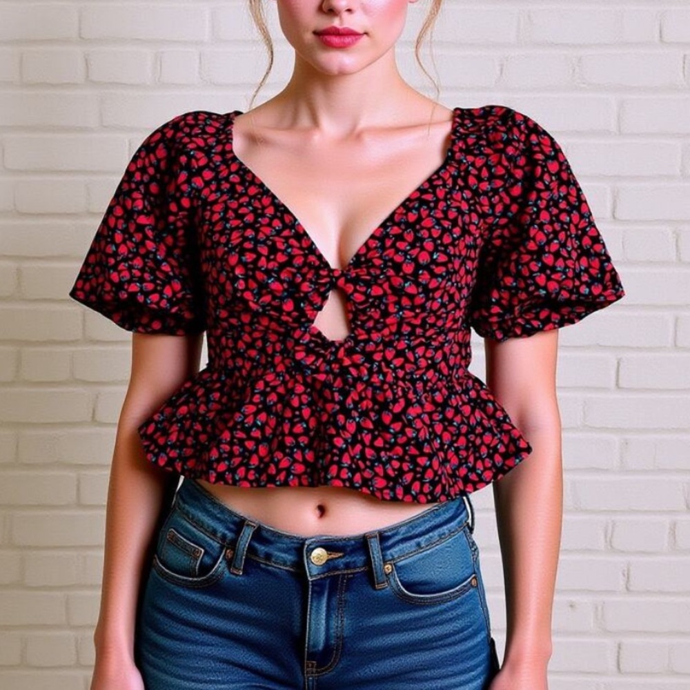 BAND OF THE FREE Strawberry Print Bubble Sleeve Crop Top Y2K Festival Size L